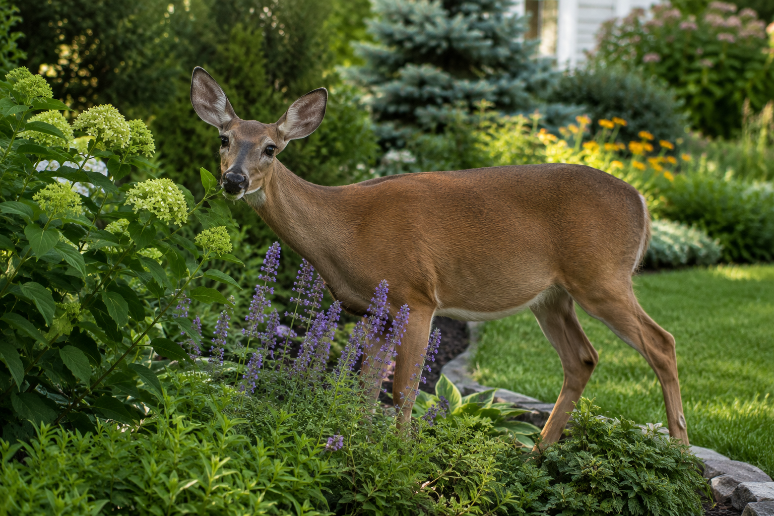 Deer standing in a landscaped residential garden surrounded by flowers and shrubs in the Hamptons