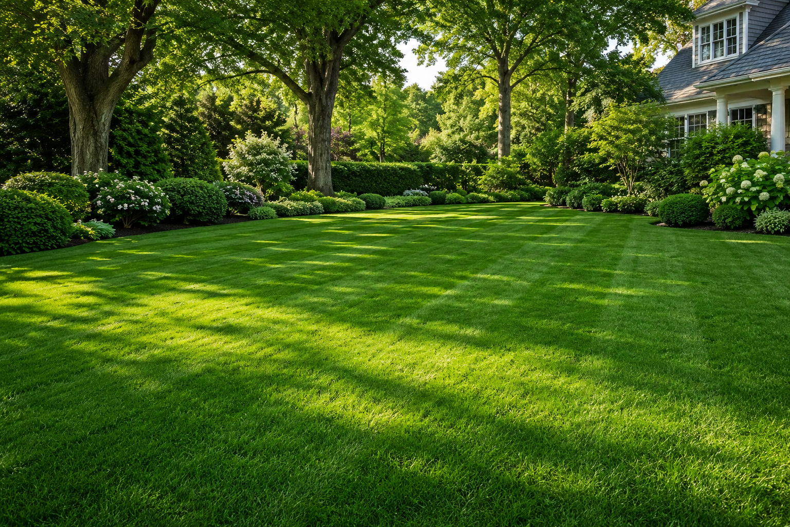 Beautiful green lawn with striped grass patterns and landscaped trees on a residential Hamptons property