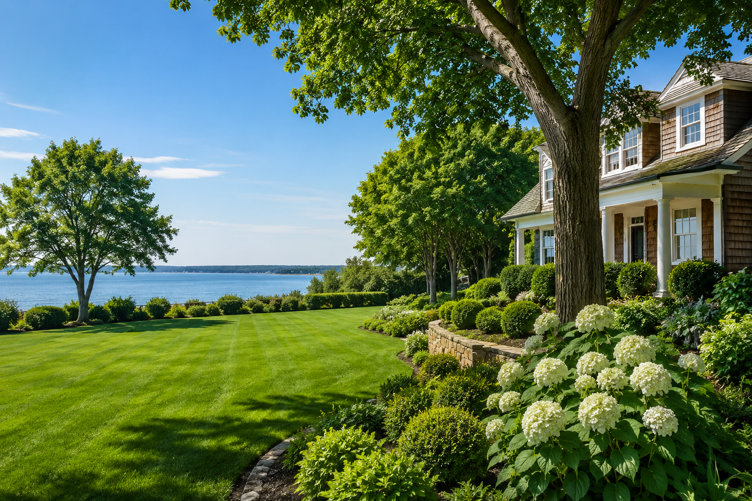 Beautiful Hamptons waterfront home with mature trees, manicured lawn, and professional landscaping