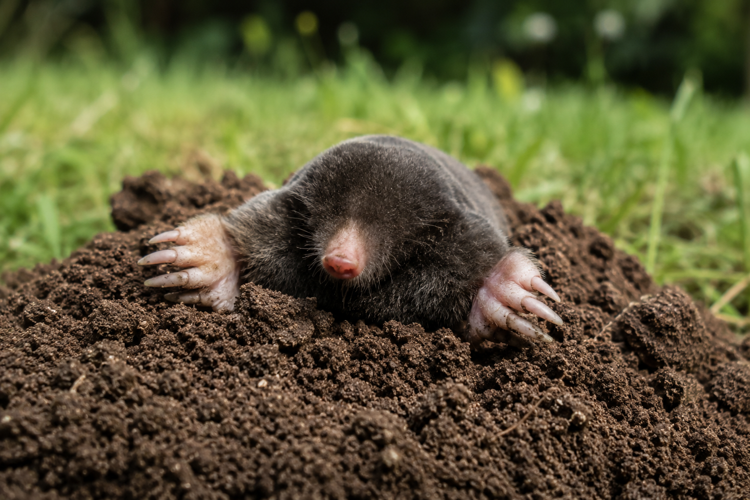 Close up of a mole emerging from soil in a residential lawn area.