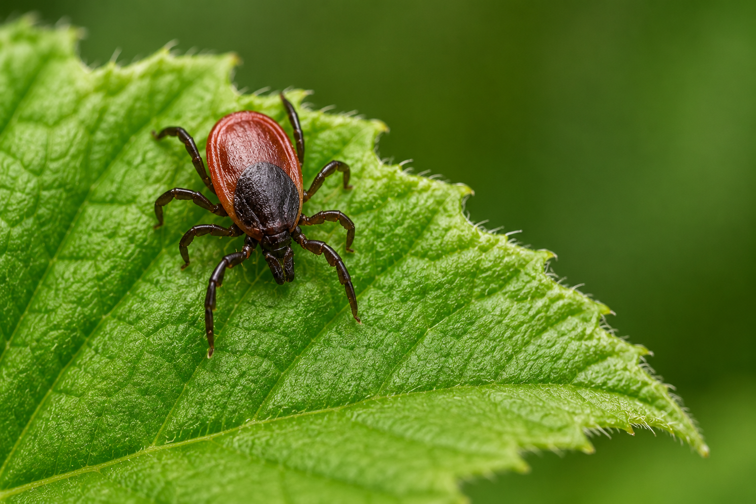 Close up of a tick on a green leaf for tick control services in the Hamptons by East End Tree Services