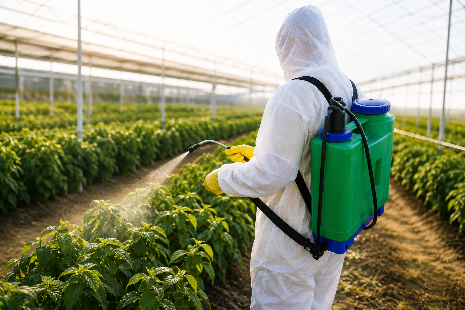 Professional tree spraying and plant health care treatment being applied to plants in a greenhouse environment.